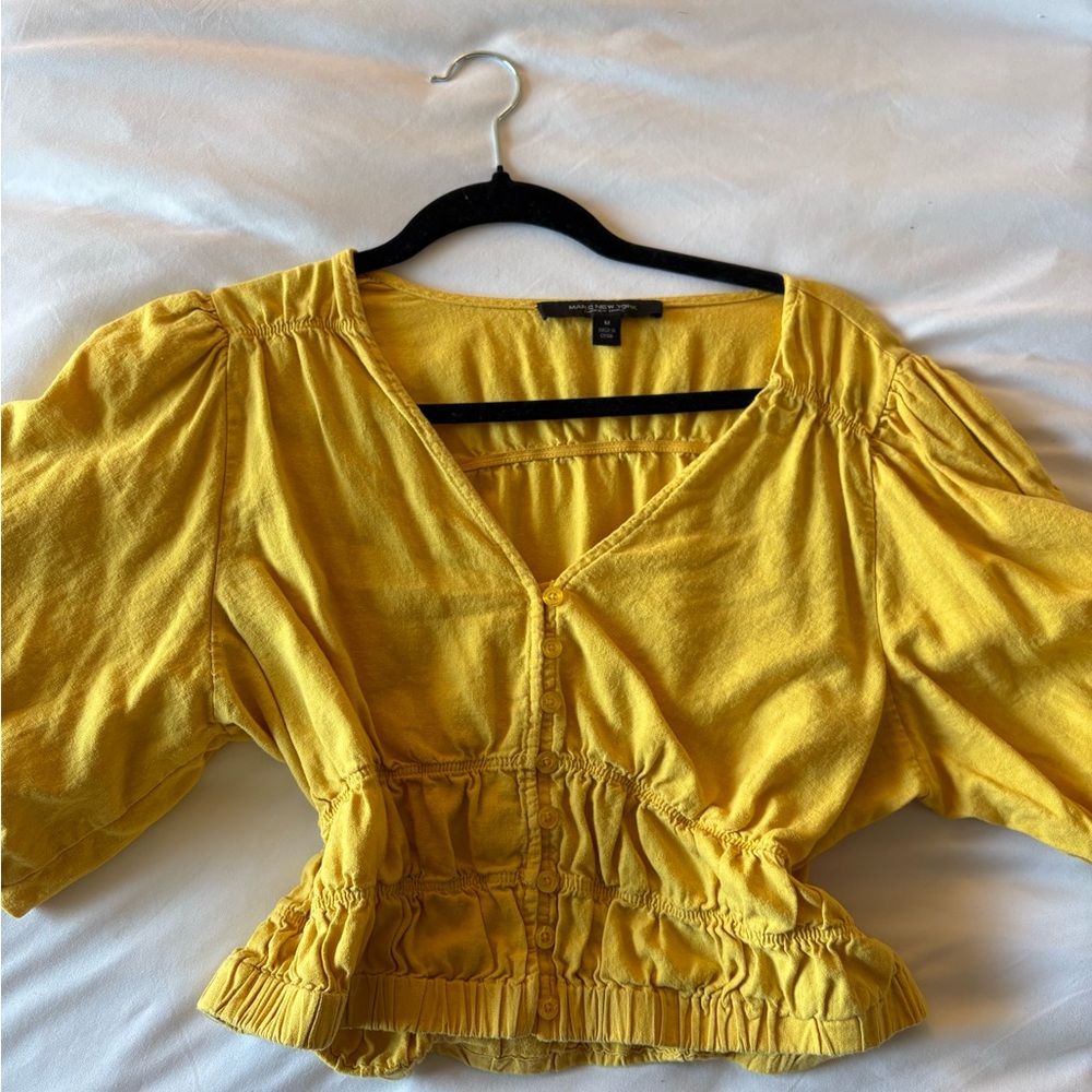 Yellow V Neck Puff Sleeve Blouse Boho